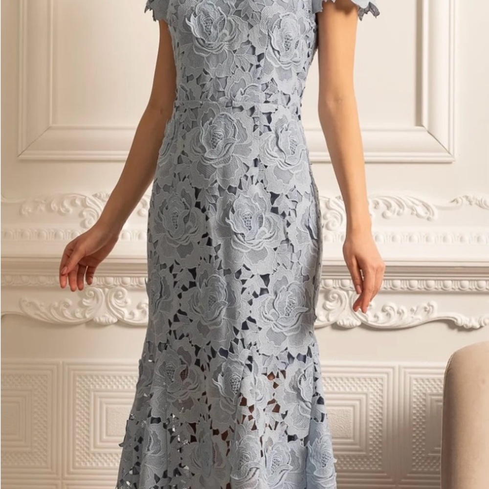 Blue Sheath Midi Dress with Flutter Cap Sleeves